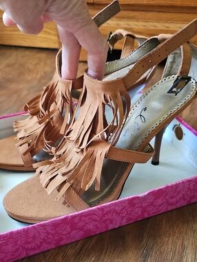 Ellie Brown Suede Fringe High Heel Sandals